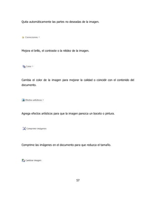 Quita automáticamente las partes no deseadas de la imagen. 
Mejora el brillo, el contraste o la nitidez de la imagen. 
Cambia el color de la imagen para mejorar la calidad o coincidir con el contenido del 
documento. 
Agrega efectos artísticos para que la imagen parezca un boceto o pintura. 
Comprime las imágenes en el documento para que reduzca el tamaño. 
57 
 