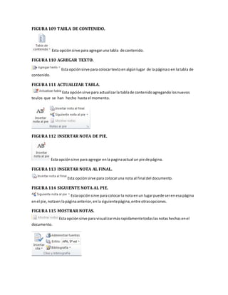 FIGURA 109 TABLA DE CONTENIDO. 
Esta opciòn sirve para agregar una tabla de contenido. 
FIGURA 110 AGREGAR TEXTO. 
Esta opción sirve para colocar texto en algùn lugar de la página o en la tabla de 
contenido. 
FIGURA 111 ACTUALIZAR TABLA. 
Esta opción sirve para actualizar la tabla de contenido agregando los nuevos 
teulos que se han hecho hasta el momento. 
FIGURA 112 INSERTAR NOTA DE PIE. 
Esta opción sirve para agregar en la pagina actual un pie de página. 
FIGURA 113 INSERTAR NOTA AL FINAL. 
Esta opciòn sirve para colocar una nota al final del documento. 
FIGURA 114 SIGUIENTE NOTA AL PIE. 
Esta opciòn sirve para colocar la nota en un lugar puede ser en esa pàgina 
en el pie, nota en la pàgina anterior, en la siguiente pàgina, entre otras opciones. 
FIGURA 115 MOSTRAR NOTAS. 
Esta opciòn sirve para visualizar màs rapidamente todas las notas hechas en el 
documento. 
 