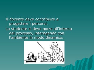 Il docente deve contribuire a progettare i percorsi. Lo studente si deve porre all’interno del processo, interagendo con l’ambiente in modo dinamico. 