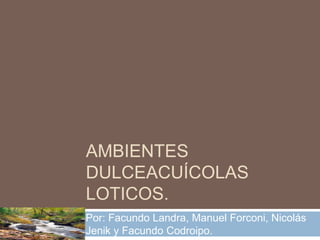 AMBIENTES 
DULCEACUÍCOLAS 
LOTICOS. 
Por: Facundo Landra, Manuel Forconi, Nicolás 
Jenik y Facundo Codroipo. 
 