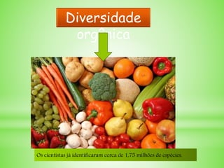 Os cientistas agrupam os indivíduos que
possuem uma história evolutiva comum em
espécies.
Os cientistas já identificaram cerca de 1,75 milhões de espécies.
Diversidade
orgânica
 