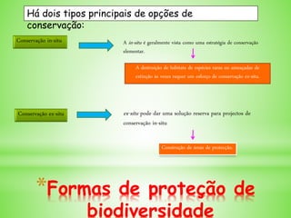 *Formas de proteção de
biodiversidade
Há dois tipos principais de opções de
conservação:
Conservação in-situ
Conservação ex-situ
A in-situ é geralmente vista como uma estratégia de conservação
elementar.
A destruição de hábitats de espécies raras ou ameaçadas de
extinção às vezes requer um esforço de conservação ex-situ.
ex-situ pode dar uma solução reserva para projectos de
conservação in-situ
Construção de áreas de protecção.
 