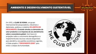 AMBIENTE E DESENVOLVIMENTO SUSTENTÁVEL
Em 1972, o CLUBE DE ROMA, um grupo
internacional de pesquisadores, industriais e
diplomatas, publicou o relatório OS LIMITES DO
CRESCIMENTO. O estudo simulou as demandas do
setor produtivo e os impactos do seu atendimento
sobre o ecossistema global. Com base em
projeções sobre o crescimento demográfico e o
mapeamento dos recursos naturais disponíveis
para atendê-lo, nos padrões econômicos vigentes,
o Clube propôs o “CRESCIMENTO ZERO” para
evitar o colapso da humanidade.
 