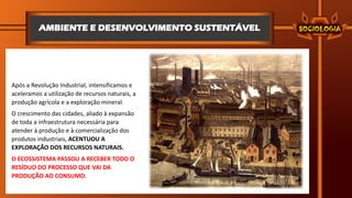 AMBIENTE E DESENVOLVIMENTO SUSTENTÁVEL
Após a Revolução Industrial, intensificamos e
aceleramos a utilização de recursos naturais, a
produção agrícola e a exploração mineral.
O crescimento das cidades, aliado à expansão
de toda a infraestrutura necessária para
atender à produção e à comercialização dos
produtos industriais, ACENTUOU A
EXPLORAÇÃO DOS RECURSOS NATURAIS.
O ECOSSISTEMA PASSOU A RECEBER TODO O
RESÍDUO DO PROCESSO QUE VAI DA
PRODUÇÃO AO CONSUMO.
 