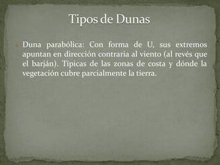    Duna parabólica: Con forma de U, sus extremos
    apuntan en dirección contraria al viento (al revés que
    el barján). Típicas de las zonas de costa y dónde la
    vegetación cubre parcialmente la tierra.
 