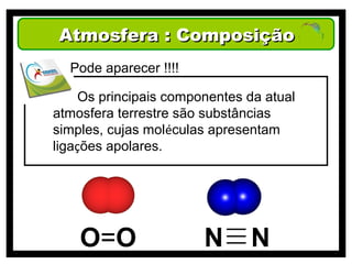 Atmosfera : Composição
  Pode aparecer !!!!

( ) Os principais componentes da atual
atmosfera terrestre são substâncias
simples, cujas moléculas apresentam
ligações apolares.




    O=O                N       N
 