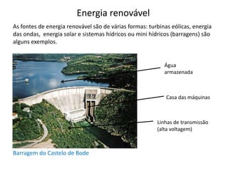 Energia renovável
Barragem do Castelo de Bode
As fontes de energia renovável são de várias formas: turbinas eólicas, energia
das ondas, energia solar e sistemas hídricos ou mini hídricos (barragens) são
alguns exemplos.
Água
armazenada
Casa das máquinas
Linhas de transmissão
(alta voltagem)
 