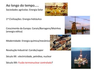 Ao longo do tempo…..
Sociedades agrícolas: Energia Solar
1as Civilizações: Energia hidráulica
Crescimento da Europa: Canais/Barragens/Moinhos
(energia eólica)
Modernidade: Energia química/mecânica
Revolução Industrial: Carvão/vapor
Século XX : electricidade, petróleo, nuclear
Século XXI: Fusão termonuclear controlada?
 