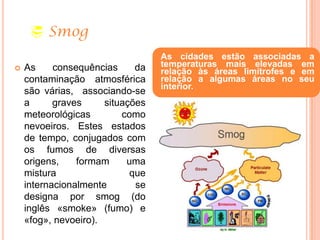  Smog
 As consequências da
contaminação atmosférica
são várias, associando-se
a graves situações
meteorológicas como
nevoeiros. Estes estados
de tempo, conjugados com
os fumos de diversas
origens, formam uma
mistura que
internacionalmente se
designa por smog (do
inglês «smoke» (fumo) e
«fog», nevoeiro).
As cidades estão associadas a
temperaturas mais elevadas em
relação às áreas limítrofes e em
relação a algumas áreas no seu
interior.
 