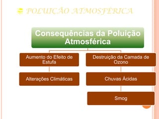  POLUIÇÃO ATMOSFÉRICA
Consequências da Poluição
Atmosférica
Aumento do Efeito de
Estufa
Alterações Climáticas
Destruição da Camada de
Ozono
Chuvas Ácidas
Smog
 