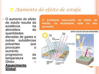  Aumento do efeito de estufa
 O aumento do efeito
de estufa resulta da
existência na
atmosfera de
quantidades
elevadas de gases e
outras substâncias
poluentes que
provocam o
aumento
progressivo da
temperatura no
Globo –
Aquecimento
Global.
O problema associado ao efeito de
estufa, na atualidade, está no seu
aumento.
 