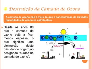  Destruição da Camada do Ozono
 Desde os anos 80
que a camada de
ozono está a ficar
menos espessa, o
que significa uma
diminuição deste
gás, dando origem ao
designado “buraco na
camada de ozono”.
A camada de ozono não é mais do que a concentração de elevadas
quantidades de ozono na estratosfera.
 