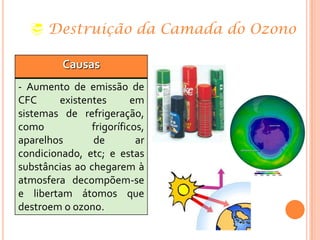  Destruição da Camada do Ozono
Causas
- Aumento de emissão de
CFC existentes em
sistemas de refrigeração,
como frigoríficos,
aparelhos de ar
condicionado, etc; e estas
substâncias ao chegarem à
atmosfera decompõem-se
e libertam átomos que
destroem o ozono.
 