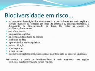 Biodiversidade em risco...
 A crescente destruição dos ecossistemas e dos habitats naturais explica o
elevado número de espécies em risco de extinção e, consequentemente, a
diminuição da biodiversidade na Terra. De entre as causas do
problema, destacam-se :
 a desflorestação;
 o aquecimento global;
 a destruição da camada de ozono;
 as chuvas ácidas;
 a poluição dos meios aquáticos,;
 a desertificação;
 a sobrepesca;
 a caça furtiva;
 o comércio ilegal de espécies ameaçadas e a introdução de espécies invasoras.
Atualmente, a perda de biodiversidade é mais acentuada nas regiões
tropicais, mas também afeta outras regiões.
 
