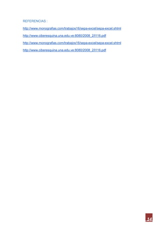 REFERENCIAS :
http://www.monografias.com/trabajos16/sepa-excel/sepa-excel.shtml
http://www.ciberesquina.una.edu.ve:8080/2008_2/l116.pdf
http://www.monografias.com/trabajos16/sepa-excel/sepa-excel.shtml
http://www.ciberesquina.una.edu.ve:8080/2008_2/l116.pdf

14

 
