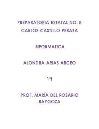 PREPARATORIA ESTATAL NO. 8
CARLOS CASTILLO PERAZA
INFORMATICA
ALONDRA ARIAS ARCEO
1°I
PROF. MARÍA DEL ROSARIO
RAYGOZA
 