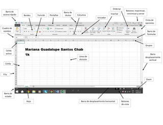Barra de
títulos
Zoom
Celda
activa
Cinta de
opciones
Barra de desplazamiento horizontal
Cuadro de
nombre
Barra de
acceso rápido
Botones
de vista
Barra de
estado
Barra
desplazamiento
vertical
Botones:maximizar,
minimizar y cerrar
Celda
Barra de
formulas
Grupos
Hoja
Función
Iniciador
Fila
Pestañas
Línea de
división
Columna
Insertar
Bordes
Ordenar
 