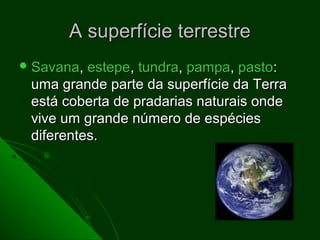 A superfície terrestre
 Savana, estepe, tundra, pampa, pasto:
 uma grande parte da superfície da Terra
 está coberta de pradarias naturais onde
 vive um grande número de espécies
 diferentes.
 