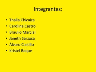 Integrantes:
•   Thalia Chicaiza
•   Carolina Castro
•   Braulio Marcial
•   Janeth Sarzosa
•   Álvaro Castillo
•   Kristel Baque
 