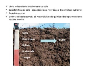  Clima influencia desenvolvimento do solo
 Características do solo – capacidade para reter água e disponibilizar nutrientes
 Espécies vegetais
 Definição de solo: camada de material alterado química e biologicamente que
recobre a rocha
Clima
Organismos
Relevo
Rocha-mãe
Tempo
SOLO
 