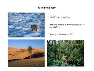 O ambiente físico
Habitat de um organismo
Condições e recursos necessários para sua
sobrevivência
Forma predominante de vida
 