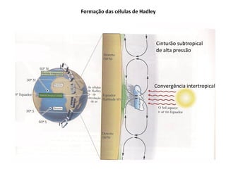 Formação das células de Hadley
Cinturão subtropical
de alta pressão
Convergência intertropical
 