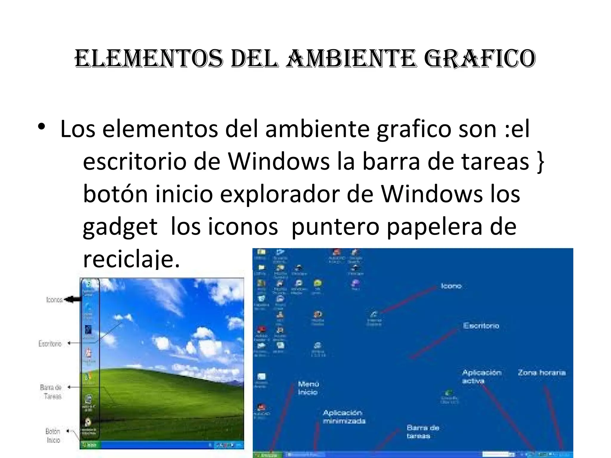 elementos del ambiente grafico
• Los elementos del ambiente grafico son :el
escritorio de Windows la barra de tareas }
botón inicio explorador de Windows los
gadget los iconos puntero papelera de
reciclaje.
 