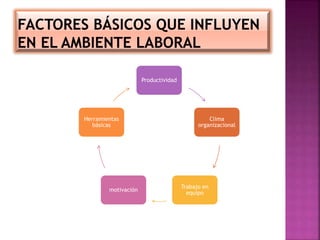 Productividad
Clima
organizacional
Trabajo en
equipo
motivación
Herramientas
básicas
 