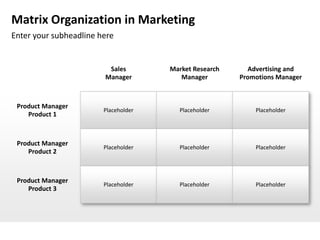 Matrix Organization in Marketing
Enter your subheadline here


                         Sales        Market Research     Advertising and
                        Manager          Manager        Promotions Manager



 Product Manager
                        Placeholder     Placeholder         Placeholder
    Product 1



 Product Manager
                        Placeholder     Placeholder         Placeholder
    Product 2



 Product Manager
                        Placeholder     Placeholder         Placeholder
    Product 3
 