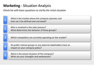 Marketing - Situation Analysis
Check list with basic questions to clarify the initial situation


       What is the marke...