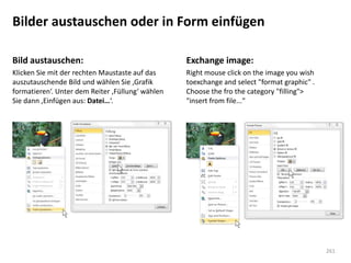 Bilder austauschen oder in Form einfügen

Bild austauschen:                                 Exchange image:
Klicken Sie mit der rechten Maustaste auf das     Right mouse click on the image you wish
auszutauschende Bild und wählen Sie ‚Grafik       toexchange and select "format graphic" .
formatieren‘. Unter dem Reiter ‚Füllung‘ wählen   Choose the fro the category "filling">
Sie dann ‚Einfügen aus: Datei…‘.                  "insert from file..."




                                                                                             261
 