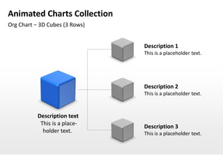 Animated Charts Collection
Org Chart − 3D Cubes (3 Rows)


                                Description 1
                                This is a placeholder text.




                                Description 2
                                This is a placeholder text.



           Description text
            This is a place-
                                Description 3
             holder text.       This is a placeholder text.
 