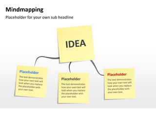 Mindmapping
Placeholder for your own sub headline




                              Placeholder
                              The text demonstrates
                              how your own text will
                              look when you replace
                              the placeholder with
                              your own text.
 