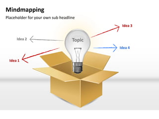 Mindmapping
Placeholder for your own sub headline
                                            Idea 3


      Idea 2                       Topic
                                           Idea 4


  Idea 1
 