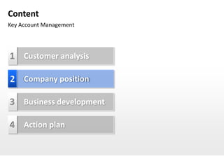 Content
Key Account Management




1 Customer analysis

2 Company position

3 Business development

4 Action plan
 