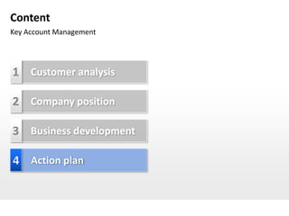Content
Key Account Management




1 Customer analysis

2 Company position

3 Business development

4 Action plan
 