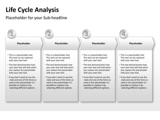 Life Cycle Analysis
Placeholder for your Sub-headline


   1                                    2                                   3                                   4
           Placeholder                          Placeholder                         Placeholder                         Placeholder



  This is a placeholder text.        This is a placeholder text.        This is a placeholder text.        This is a placeholder text.
   This text can be replaced           This text can be replaced           This text can be replaced           This text can be replaced
   with your own text.                 with your own text.                 with your own text.                 with your own text.
  The text demonstrates how          The text demonstrates how          The text demonstrates how          The text demonstrates how
   your own text will look when        your own text will look when        your own text will look when        your own text will look when
   you replace the placeholder         you replace the placeholder         you replace the placeholder         you replace the placeholder
   with your own text.                 with your own text.                 with your own text.                 with your own text.
  If you don’t want to use the       If you don’t want to use the       If you don’t want to use the       If you don’t want to use the
    style and size of the fonts as      style and size of the fonts as      style and size of the fonts as      style and size of the fonts as
   used in this placeholder it’s       used in this placeholder it’s       used in this placeholder it’s       used in this placeholder it’s
   possible to replace it by           possible to replace it by           possible to replace it by           possible to replace it by
    selecting different options.        selecting different options.        selecting different options.        selecting different options.
 