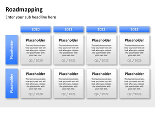 Roadmapping
Enter your sub headline here

                      2020                     2021                     2022                     2023

                Placeholder              Placeholder              Placeholder              Placeholder
  Placeholder




                The text demonstrates    The text demonstrates    The text demonstrates    The text demonstrates
                how your own text will   how your own text will   how your own text will   how your own text will
                look when you replace    look when you replace    look when you replace    look when you replace
                 the placeholder with     the placeholder with     the placeholder with     the placeholder with
                    your own text.           your own text.           your own text.           your own text.

                   Q2 / 2020                Q1 / 2021                Q2 / 2022                Q1 / 2023


                Placeholder              Placeholder              Placeholder              Placeholder
  Placeholder




                The text demonstrates    The text demonstrates    The text demonstrates    The text demonstrates
                how your own text will   how your own text will   how your own text will   how your own text will
                look when you replace    look when you replace    look when you replace    look when you replace
                 the placeholder with     the placeholder with     the placeholder with     the placeholder with
                    your own text.           your own text.           your own text.           your own text.

                   Q3 / 2020                Q2 / 2021                Q4 / 2022                Q3 / .2023
 