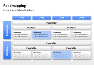 Roadmapping
Enter your sub headline here

                           2020                              2021                            2022                              2023

                                                                           Placeholder
  Placeholder




                                           Placeholder                                                       Placeholder

                Placeholder                       Placeholder                     Placeholder                       Placeholder
                 This is a Placeholder text       This is a Placeholder text     This is a Placeholder text       This is a Placeholder text
                 This is a Placeholder text       This is a Placeholder text     This is a Placeholder text       This is a Placeholder text




                                                                           Placeholder
  Placeholder




                                         Placeholder                                                       Placeholder

                Placeholder                       Placeholder                     Placeholder                       Placeholder
                 This is a Placeholder text       This is a Placeholder text     This is a Placeholder text       This is a Placeholder text
                 This is a Placeholder text       This is a Placeholder text     This is a Placeholder text       This is a Placeholder text
 