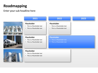 Roadmapping
Enter your sub headline here

                               2021                           2022               2023

                   Placeholder                    Placeholder
                    This is a Placeholder text    This is a Placeholder text
                    This is a Placeholder text    This is a Placeholder text




                   Placeholder                    Placeholder
                    This is a Placeholder text    This is a Placeholder text
                    This is a Placeholder text    This is a Placeholder text




                   Placeholder
                    This is a Placeholder text
                    This is a Placeholder text
 