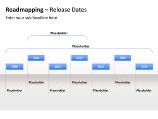 Roadmapping – Release Dates
Enter your sub headline here


                            Placeholder


                                          Placeholder


                 2021                        2023                        2025

   2020                        2022                        2024                        2026




              Placeholder                 Placeholder                 Placeholder

Placeholder                 Placeholder                 Placeholder                 Placeholder
 