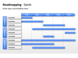 Roadmapping - Gantt
Enter your sub headline here

                             2020   2021   2022   2023   2024
               Placeholder
 Placeholder




               Placeholder

               Placeholder

               Placeholder
 Placeholder




               Placeholder

               Placeholder

               Placeholder
 Placeholder




               Placeholder

               Placeholder
 
