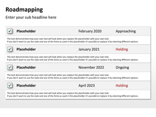 Roadmapping
Enter your sub headline here


         Placeholder                                                         February 2020                            Approaching
The text demonstrates how your own text will look when you replace the placeholder with your own text.
If you don’t want to use the style and size of the fonts as used in this placeholder it’s possible to replace it by selecting different options.


         Placeholder                                                         January 2021                             Holding
The text demonstrates how your own text will look when you replace the placeholder with your own text.
If you don’t want to use the style and size of the fonts as used in this placeholder it’s possible to replace it by selecting different options.


         Placeholder                                                         November 2022                            Ongoing
The text demonstrates how your own text will look when you replace the placeholder with your own text.
If you don’t want to use the style and size of the fonts as used in this placeholder it’s possible to replace it by selecting different options.


         Placeholder                                                         April 2023                               Holding
The text demonstrates how your own text will look when you replace the placeholder with your own text.
If you don’t want to use the style and size of the fonts as used in this placeholder it’s possible to replace it by selecting different options.
 
