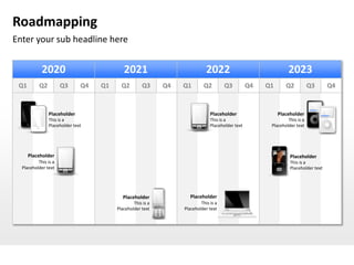 Roadmapping
Enter your sub headline here


            2020                            2021                             2022                               2023
 Q1        Q2         Q3       Q4   Q1     Q2         Q3     Q4   Q1        Q2        Q3          Q4   Q1      Q2           Q3      Q4



                Placeholder                                                    Placeholder                  Placeholder
                This is a                                                      This is a                        This is a
                Placeholder text                                               Placeholder text         Placeholder text




      Placeholder                                                                                                Placeholder
          This is a                                                                                              This is a
  Placeholder text                                                                                               Placeholder text




                                            Placeholder              Placeholder
                                                 This is a                This is a
                                         Placeholder text         Placeholder text
 