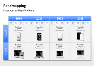 Roadmapping
Enter your sub headline here


                    2020                         2021                         2022                         2023
             Q1    Q2       Q3       Q4   Q1    Q2       Q3       Q4   Q1    Q2       Q3       Q4   Q1    Q2       Q3       Q4

                   Placeholder                  Placeholder                  Placeholder                  Placeholder
                      This is a                    This is a                    This is a                    This is a
                  Placeholder text             Placeholder text             Placeholder text             Placeholder text
 Product A




                   Placeholder                  Placeholder                  Placeholder                  Placeholder
                      This is a                    This is a                    This is a                    This is a
                  Placeholder text             Placeholder text             Placeholder text             Placeholder text
 Product B
 