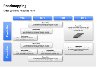 Roadmapping
Enter your sub headline here

                       2020                                      2021                                        2022                             2023
                                                                    Placeholder
                                                   The text demonstrates how your own text will look
  Placeholder




                                                  when you replace the placeholder with your own text.                           Placeholder
                                                                                                                    The text demonstrates how your own text
                                                                                                                    will look when you replace the placeholder
                                                   Placeholder                                                                  with your own text.
                               The text demonstrates how your own text will look
                              when you replace the placeholder with your own text.


                           Placeholder
                 This is a placeholder text. This text
                can be replaced with your own text.


                                                   Placeholder
                               The text demonstrates how your own text will look
                                                                                                                                 Placeholder
  Placeholder




                              when you replace the placeholder with your own text.
                                                                                                                    The text demonstrates how your own text
                                                                                                                    will look when you replace the placeholder
                           Placeholder                                         Placeholder                                      with your own text.
                 This is a placeholder text. This text               This is a placeholder text. This text
                can be replaced with your own text.                 can be replaced with your own text.


                                                                    Placeholder
                                                   The text demonstrates how your own text will look
                                                  when you replace the placeholder with your own text.
 