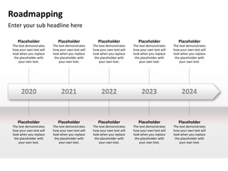 Roadmapping
Enter your sub headline here

    Placeholder              Placeholder              Placeholder              Placeholder              Placeholder
 The text demonstrates    The text demonstrates    The text demonstrates    The text demonstrates    The text demonstrates
 how your own text will   how your own text will   how your own text will   how your own text will   how your own text will
 look when you replace    look when you replace    look when you replace    look when you replace    look when you replace
  the placeholder with     the placeholder with     the placeholder with     the placeholder with     the placeholder with
     your own text.           your own text.           your own text.           your own text.           your own text.




      2020                     2021                     2022                     2023                     2024


    Placeholder              Placeholder              Placeholder              Placeholder              Placeholder
 The text demonstrates    The text demonstrates    The text demonstrates    The text demonstrates    The text demonstrates
 how your own text will   how your own text will   how your own text will   how your own text will   how your own text will
 look when you replace    look when you replace    look when you replace    look when you replace    look when you replace
  the placeholder with     the placeholder with     the placeholder with     the placeholder with     the placeholder with
     your own text.           your own text.           your own text.           your own text.           your own text.
 