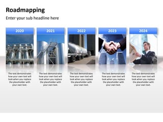 Roadmapping
Enter your sub headline here

        2020                     2021                     2022                    2023                      2024




 The text demonstrates    The text demonstrates    The text demonstrates    The text demonstrates    The text demonstrates
 how your own text will   how your own text will   how your own text will   how your own text will   how your own text will
 look when you replace    look when you replace    look when you replace    look when you replace    look when you replace
  the placeholder with     the placeholder with     the placeholder with     the placeholder with     the placeholder with
     your own text.           your own text.           your own text.           your own text.           your own text.
 