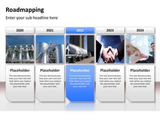 Roadmapping
Enter your sub headline here

        2020                     2021                     2022                     2023                     2024




  Placeholder              Placeholder              Placeholder              Placeholder              Placeholder
 The text demonstrates    The text demonstrates    The text demonstrates    The text demonstrates    The text demonstrates
 how your own text will   how your own text will   how your own text will   how your own text will   how your own text will
 look when you replace    look when you replace    look when you replace    look when you replace    look when you replace
  the placeholder with     the placeholder with     the placeholder with     the placeholder with     the placeholder with
     your own text.           your own text.           your own text.           your own text.           your own text.
 