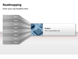 Roadmapping
Enter your sub headline here


            Step 1

            Step 2

            Step 3

            Step 4
                               Product
            Step 5             This is a placeholder text

            Step 6

            Step 7

            Step 8
 